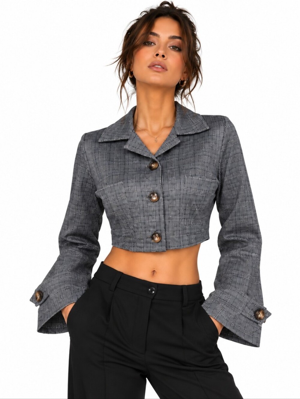 Farrow M Cropped Plaid Button Front Jacket Glen Check Boxy Stretch Blazer
